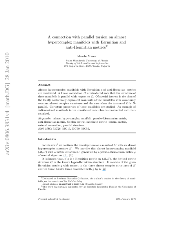 (PDF) A connection with parallel torsion on almost hypercomplex ...