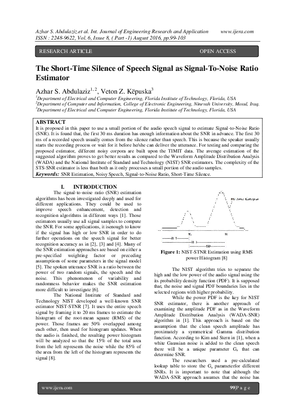 (PDF) The Short-Time Silence of Speech Signal as Signal-To-Noise Ratio ...