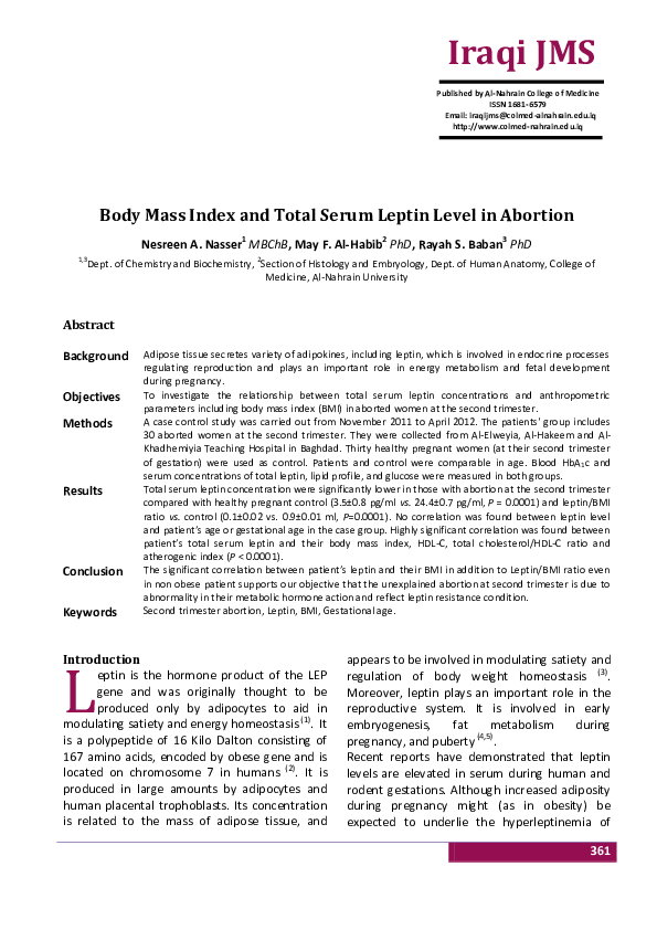 (PDF) Body Mass Index and Total Serum Leptin Level in Abortion
