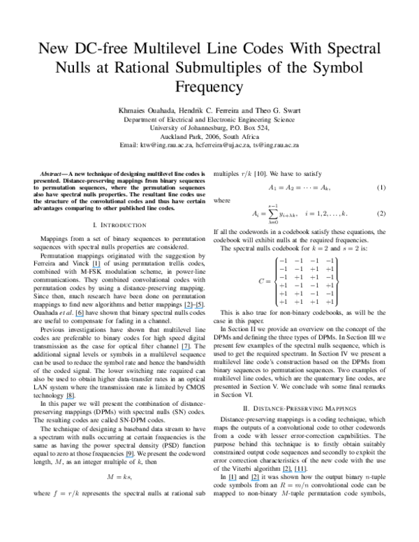 (PDF) New DC-free Multilevel Line Codes With Spectral Nulls at Rational ...