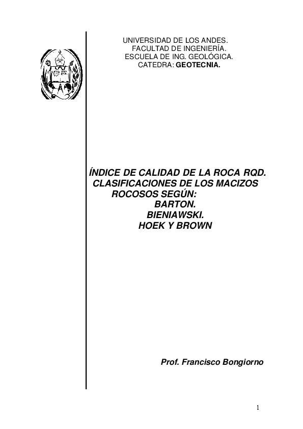 (PDF) ÍNDICE DE CALIDAD DE LA ROCA RQD. CLASIFICACIONES DE LOS MACIZOS ...