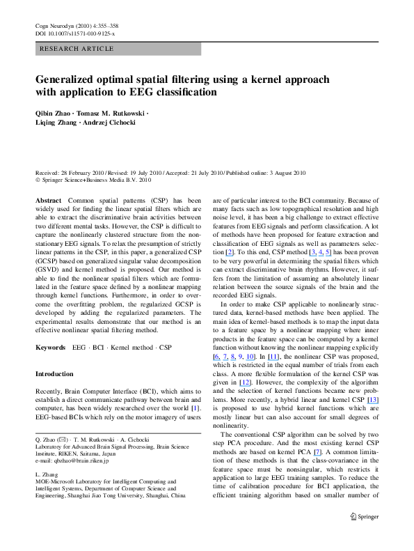 Pdf Generalized Optimal Spatial Filtering Using A Kernel Approach With Application To Eeg Classification Qibin Zhao Academia Edu