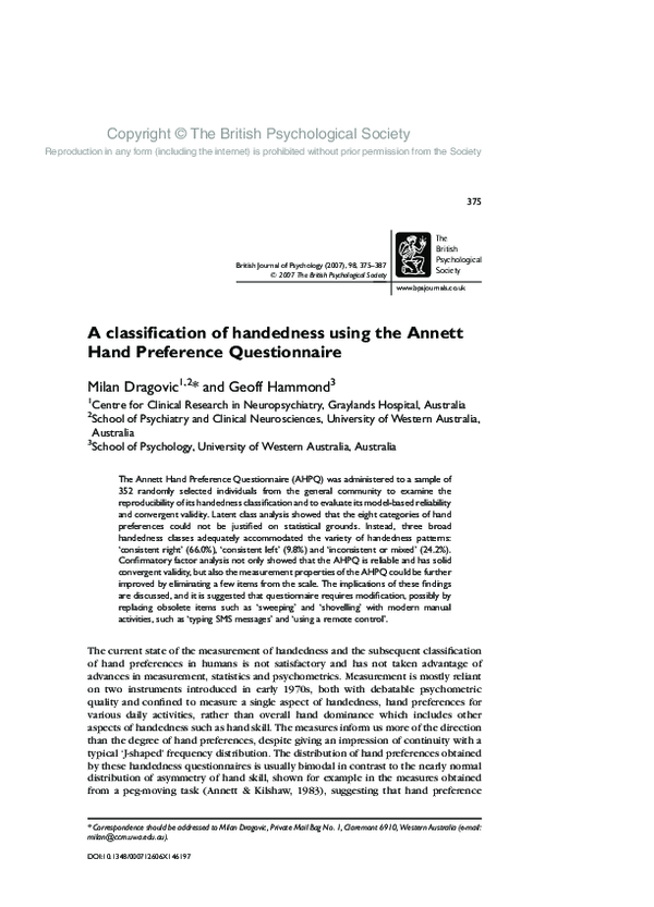 (PDF) A classification of handedness using the Hand Preference