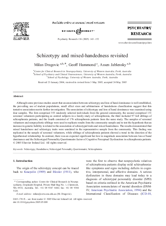 (PDF) Schizotypy and mixedhandedness revisited Milan Dragovic
