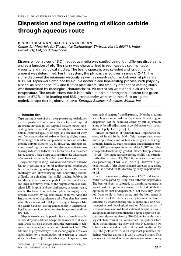 (PDF) Dispersion and tape casting of silicon carbide through aqueous