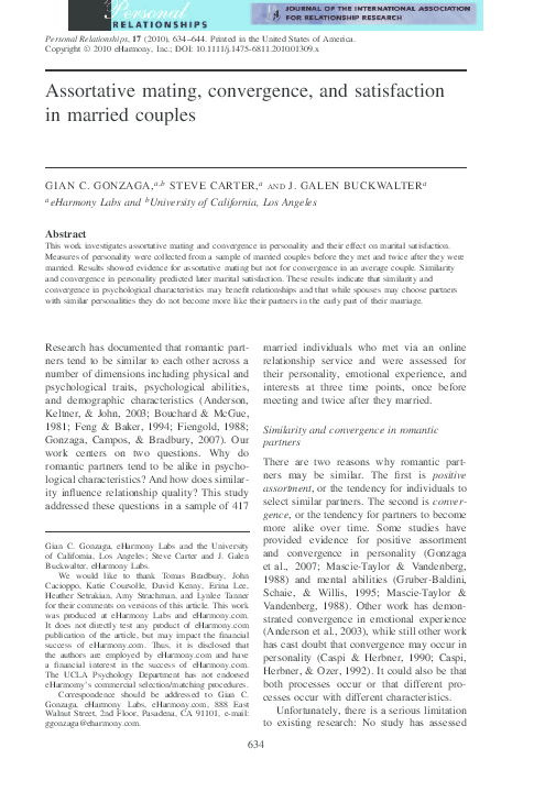 (PDF) Assortative mating, convergence, and satisfaction in married couples