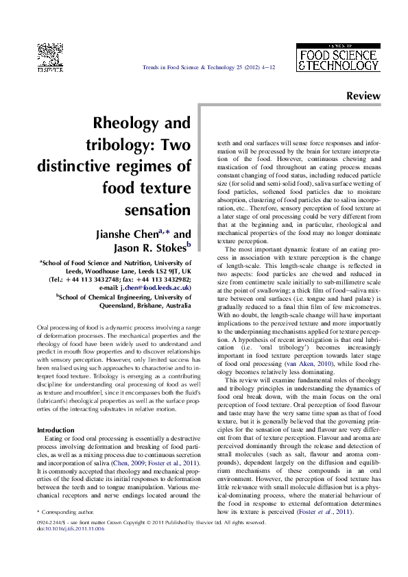 (PDF) Rheology and tribology Two distinctive regimes of food texture