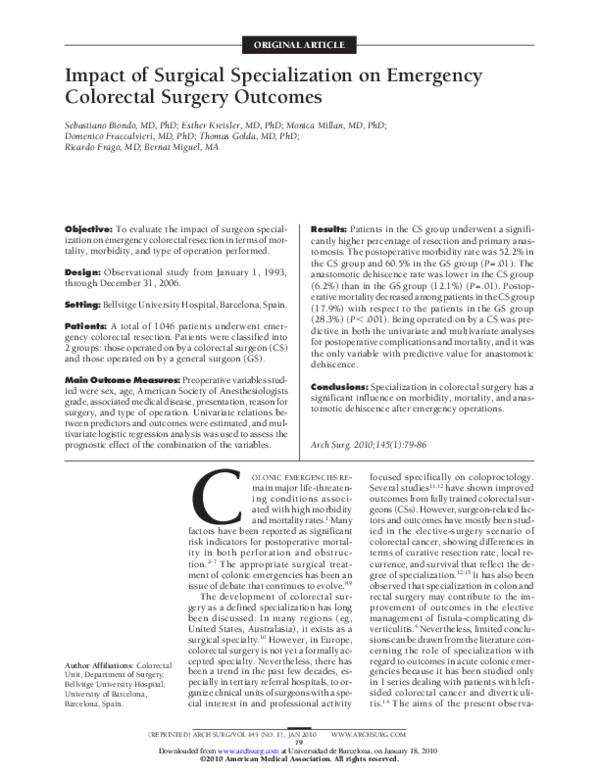 (PDF) Impact of Surgical Specialization on Emergency Colorectal Surgery ...