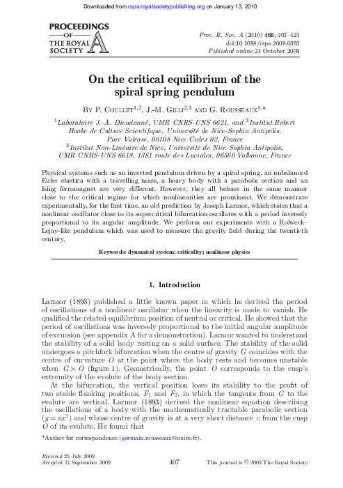 (PDF) On the critical equilibrium of the spiral spring pendulum