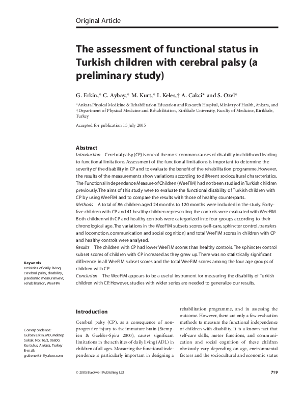 (PDF) The assessment of functional status in Turkish children with ...