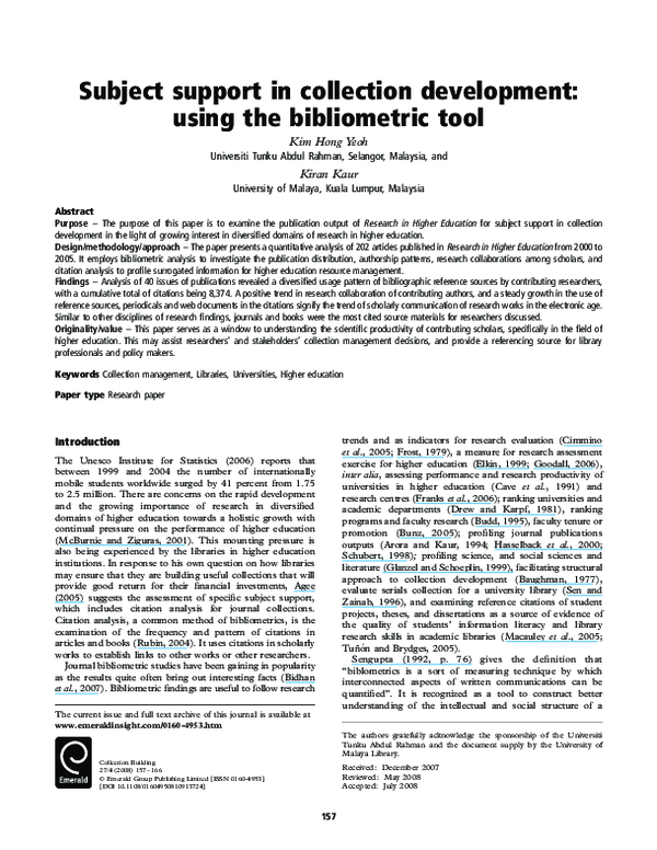 (PDF) Subject support in collection development: using the bibliometric ...