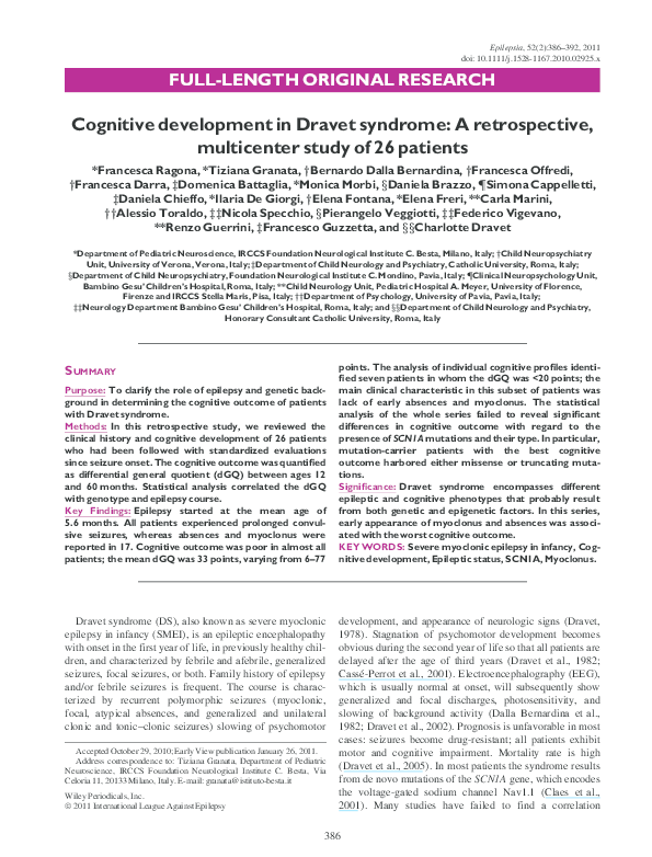 (PDF) Cognitive development in Dravet syndrome: A retrospective ...