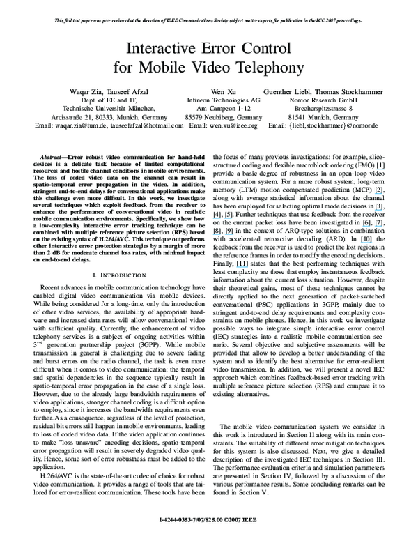 (PDF) Interactive Error Control for Mobile Video Telephony