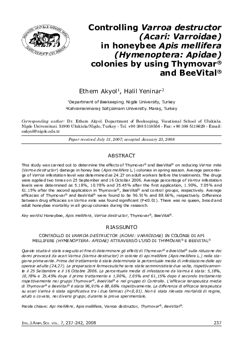 (PDF) Controlling Varroa destructor (Acari: Varroidae) in honeybee Apis ...