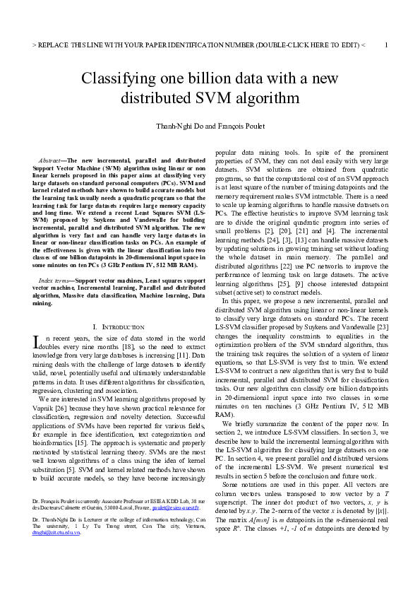 (PDF) Classifying one billion data with a new distributed svm algorithm