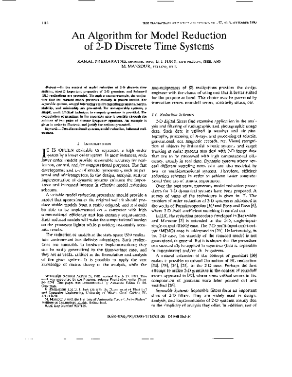 (PDF) An algorithm for model reduction of 2-D discrete time systems
