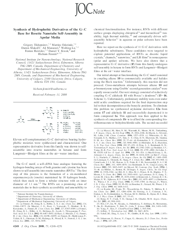 (PDF) Synthesis of Hydrophobic Derivatives of the G∧C Base for Rosette