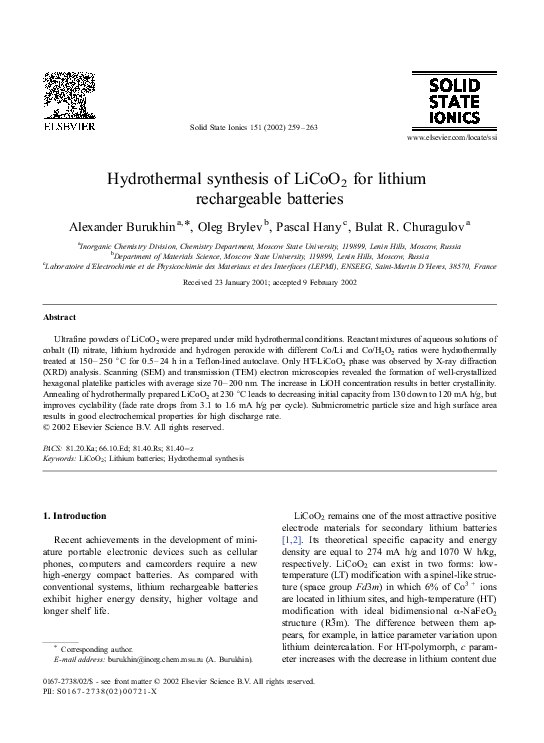 (PDF) Hydrothermal synthesis of LiCoO2 for lithium rechargeable batteries