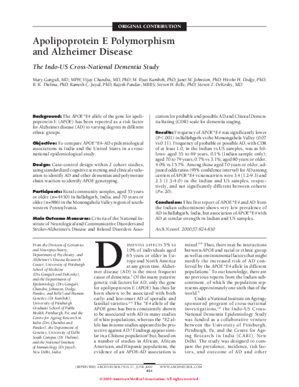 (PDF) Apolipoprotein E Polymorphism and Alzheimer Disease: The Indo-US ...