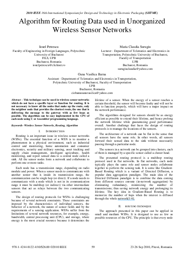 (PDF) Algorithm for routing data used in unorganized wireless sensor ...