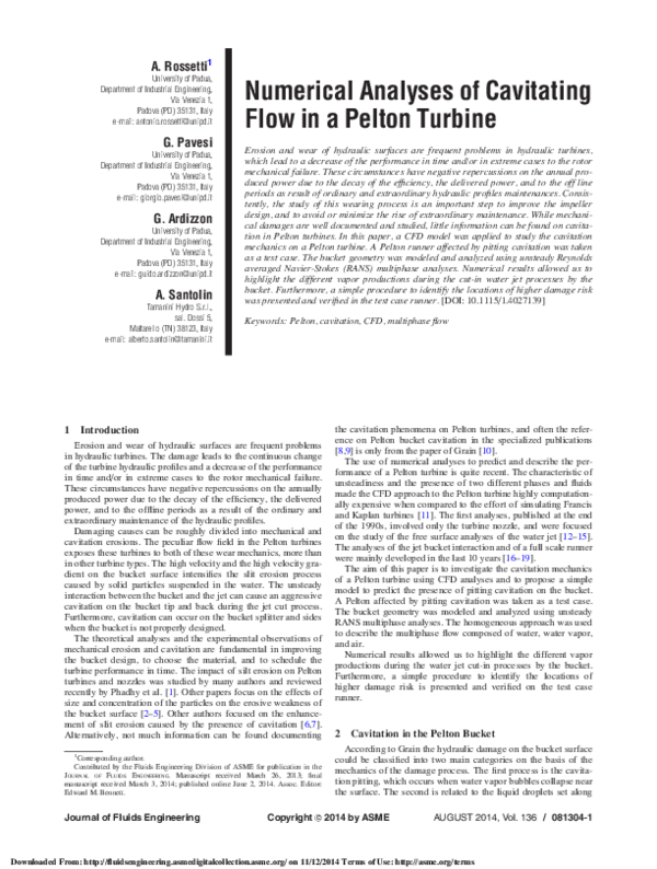 (PDF) Numerical Analyses of Cavitating Flow in a Pelton Turbine
