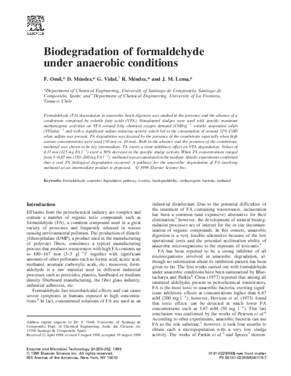 (PDF) Biodegradation of formaldehyde under anaerobic conditions