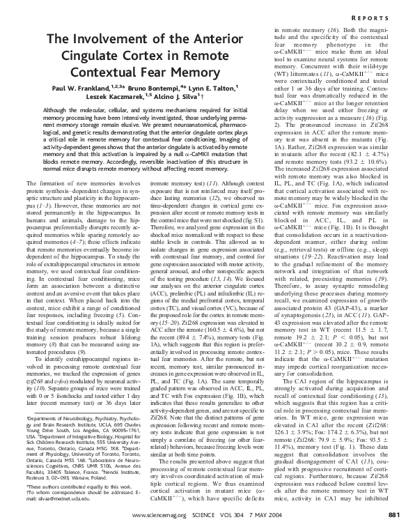 (PDF) The Involvement of the Anterior Cingulate Cortex in Remote ...
