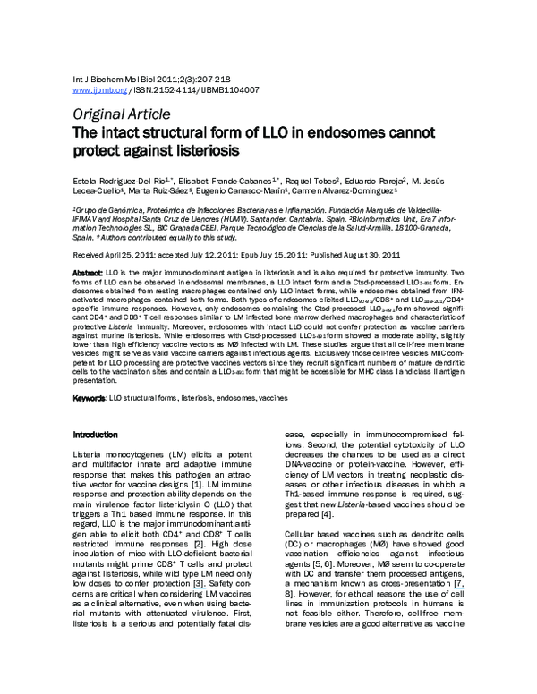 (PDF) The intact structural form of LLO in endosomes cannot protect ...