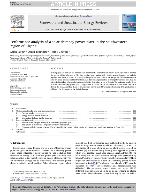 (PDF) Performance analysis of a solar chimney power plant in the ...