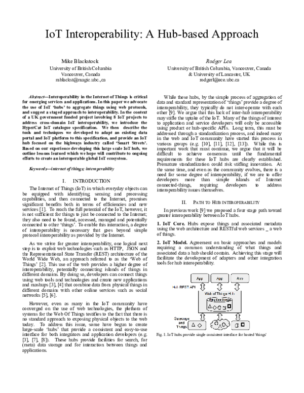 (PDF) IoT interoperability: A hub-based approach