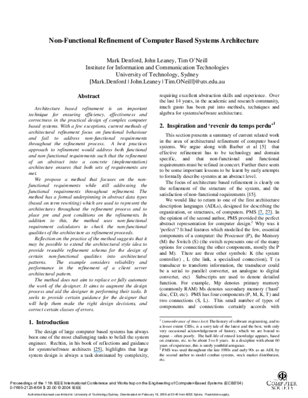 (PDF) Non-Functional Refinement of Computer Based Systems Architecture