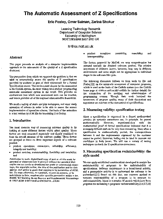 (PDF) The automatic assessment of Z specifications Zarina Shukur Academia.edu