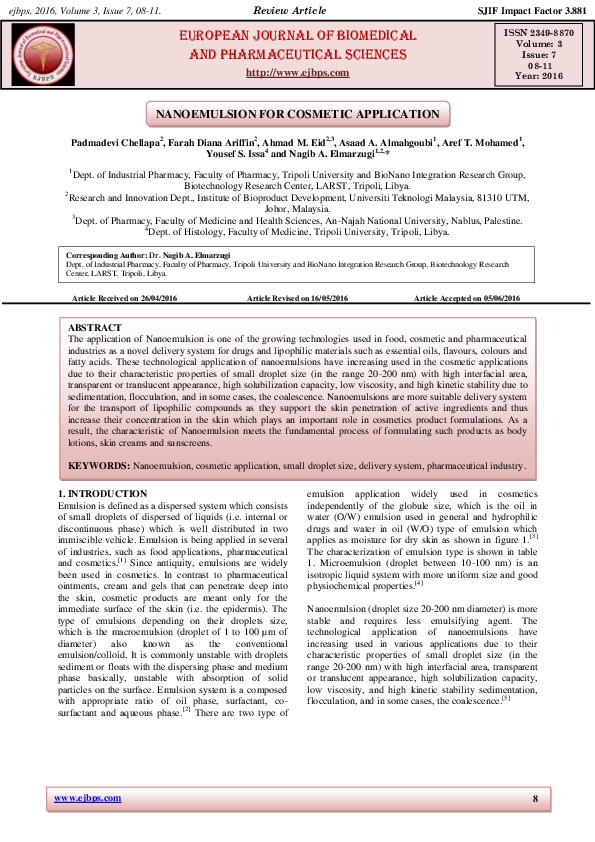 (PDF) NANOEMULSION FOR COSMETIC APPLICATION