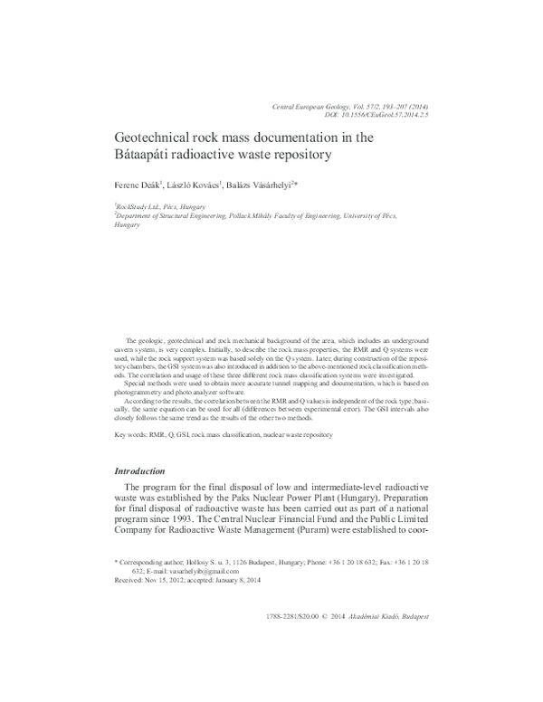 (PDF) Geotechnical rock mass documentation in the Bátaapáti radioactive ...