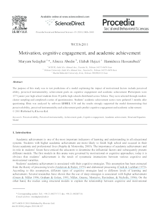 (PDF) Motivation, cognitive engagement, and academic achievement