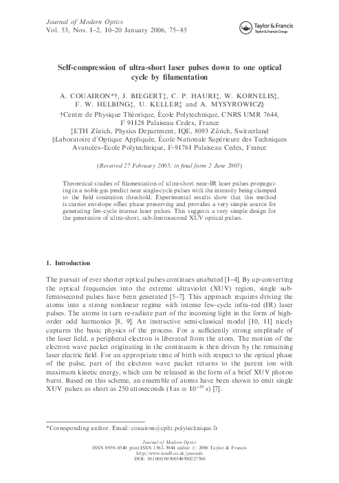 (PDF) Self-compression of ultra-short laser pulses down to one optical ...