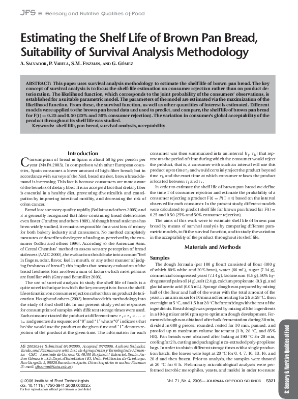 (PDF) Estimating the Shelf Life of Brown Pan Bread, Suitability of