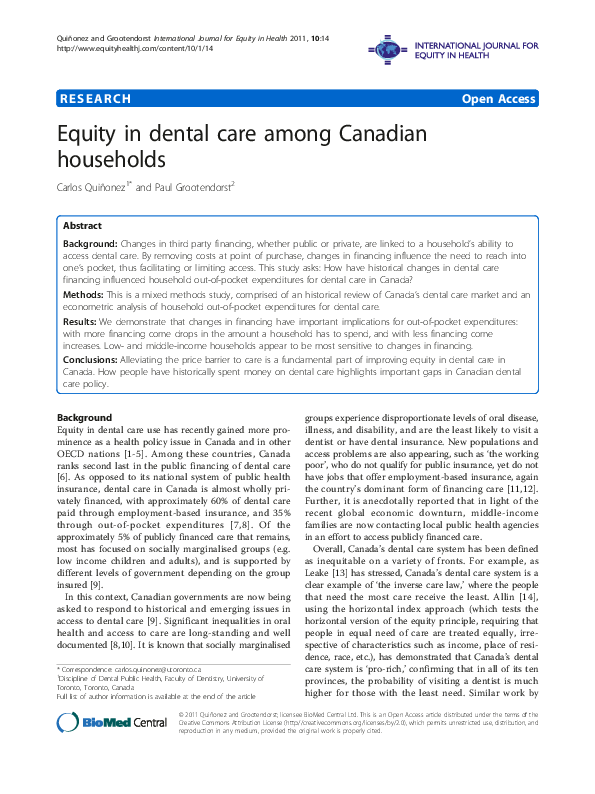 (PDF) Equity in dental care among Canadian households Carlos Quiñonez