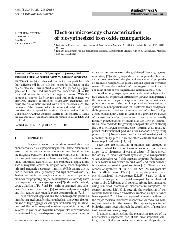 Pdf Electron Microscopy Characterization Of Biosynthesized Iron Oxide Nanoparticles Jorge Ascencio And R Herrera Becerra Academia Edu