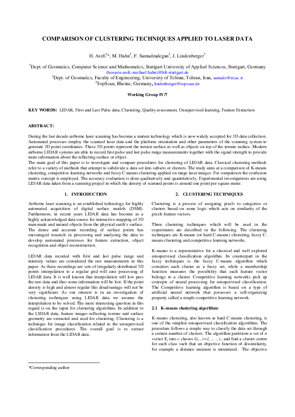 (PDF) COMPARISON OF CLUSTERING TECHNIQUES APPLIED TO LASER DATA