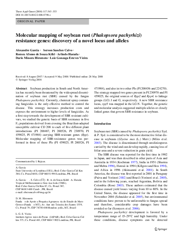 (PDF) Molecular mapping of soybean rust ( Phakopsora pachyrhizi ...