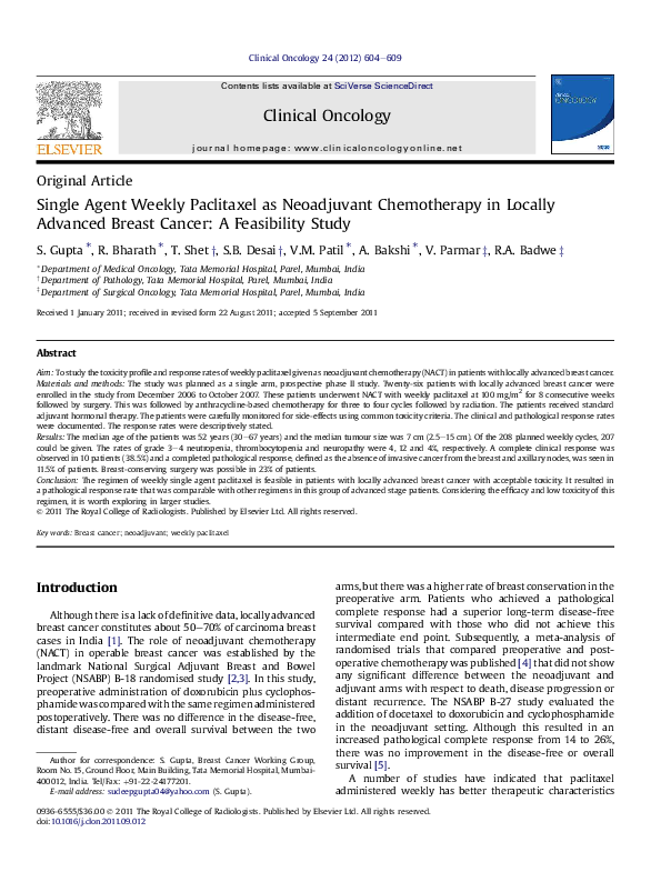 (PDF) Single Agent Weekly Paclitaxel as Neoadjuvant Chemotherapy in ...