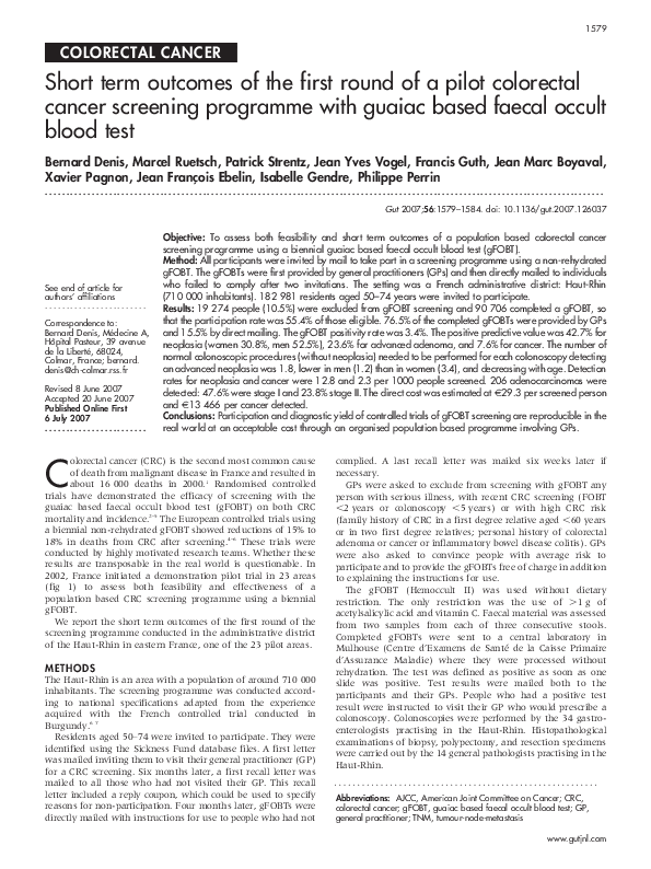 (PDF) Short term outcomes of the first round of a pilot colorectal ...