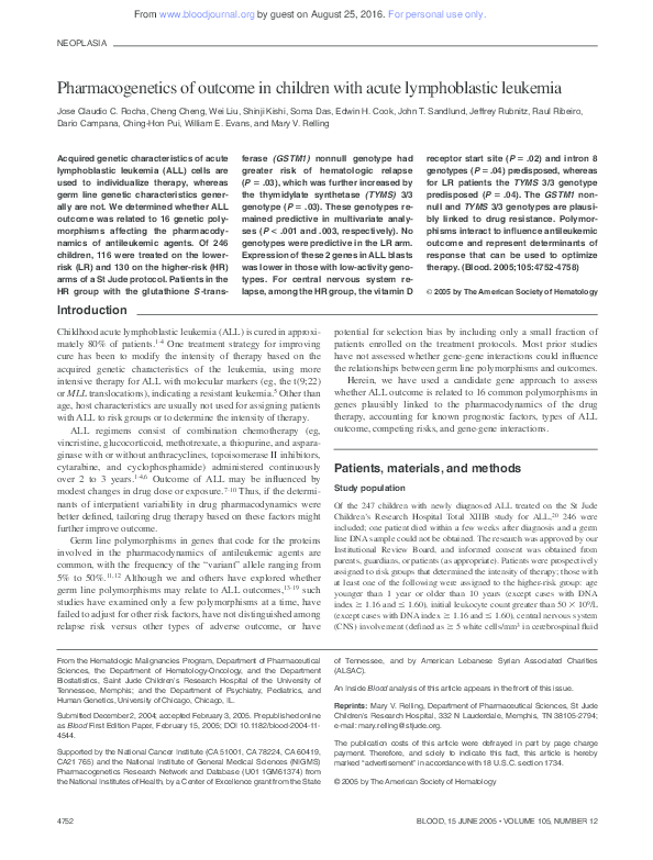 (PDF) Pharmacogenetics of outcome in children with acute lymphoblastic ...