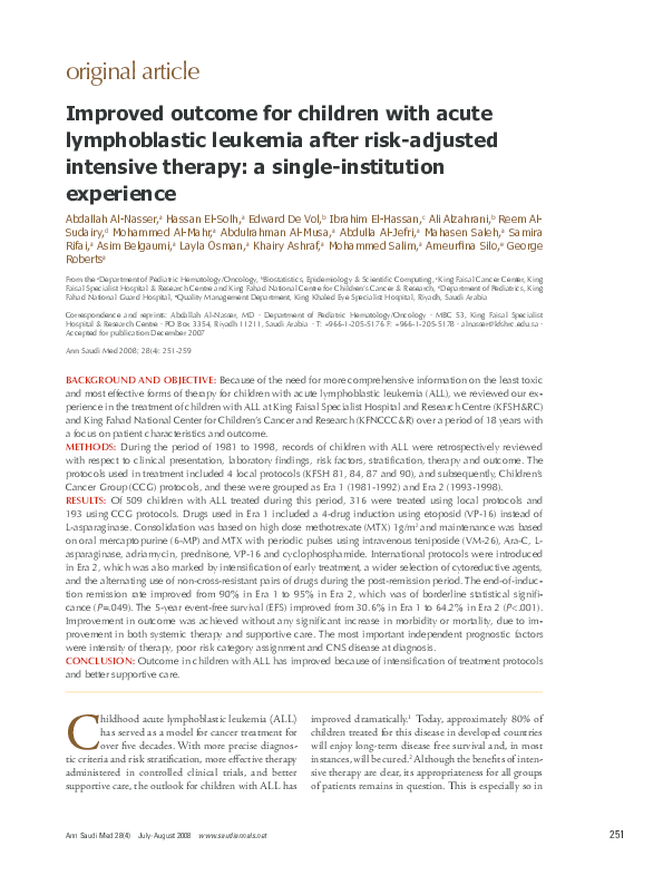 (PDF) Improved outcome for children with acute lymphoblastic leukemia ...