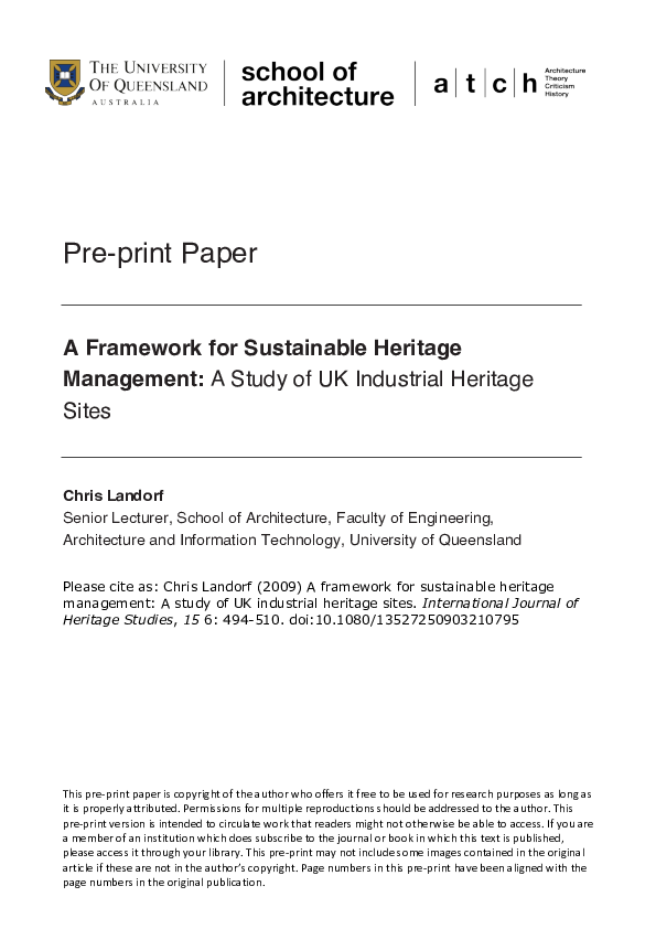 (PDF) Pre-print Paper A Framework for Sustainable Heritage Management ...