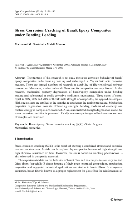 PDF) Stress Corrosion Cracking of Basalt/Epoxy Composites under Bending  Loading