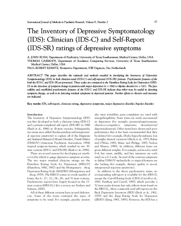 (PDF) The Inventory of Depressive Symptomatology (IDS): Clinician (IDS ...