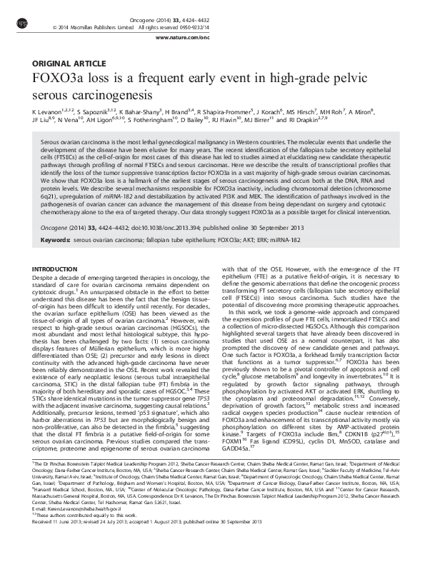 (PDF) FOXO3a loss is a frequent early event in high-grade pelvic serous ...