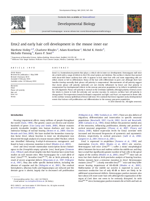 (PDF) Emx2 and early hair cell development in the mouse inner ear